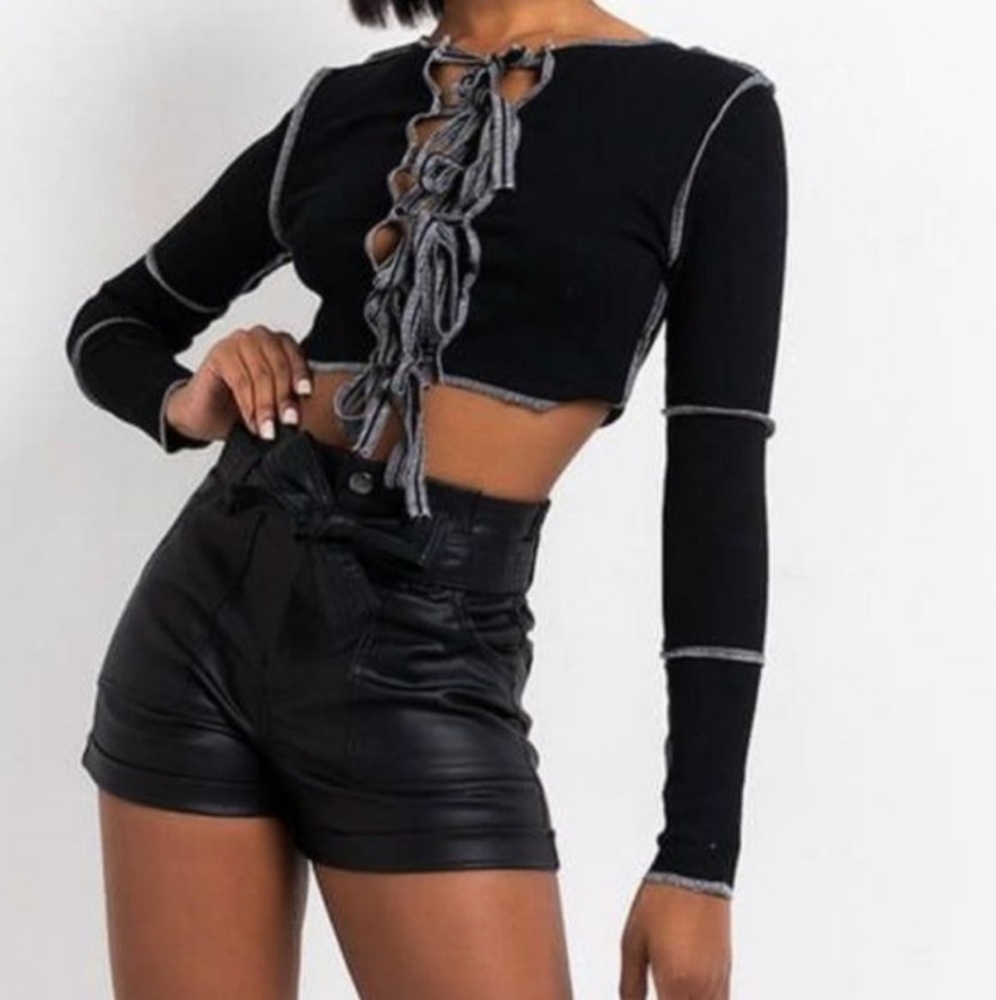 New Xena Black Cropped Laced Up Tied Contrast Long Sleeve Stretchy Top